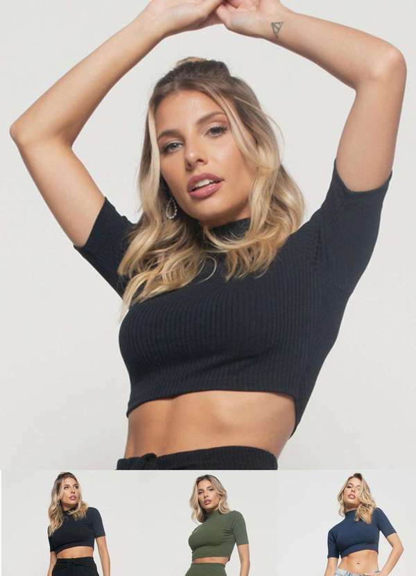 Salvatore Fashion - Kit 3 Croppeds Gola Alta Comfy Malha Canelada Fashion Preto