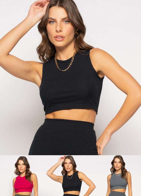 Salvatore Fashion - Kit 3 Croppeds Regata Recorte Canelado Fashion Preto