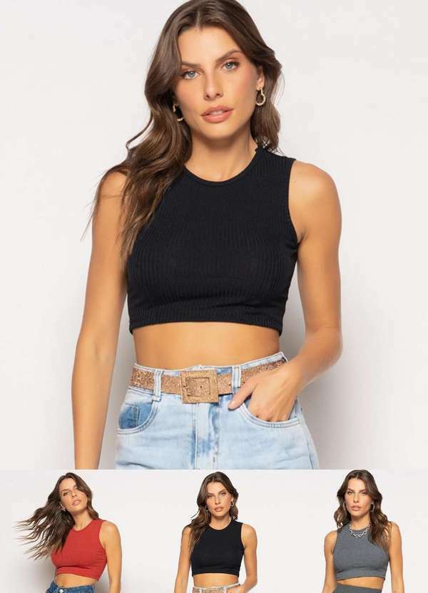Salvatore Fashion - Kit 3 Croppeds Regata Recorte Canelado Fashion Preto