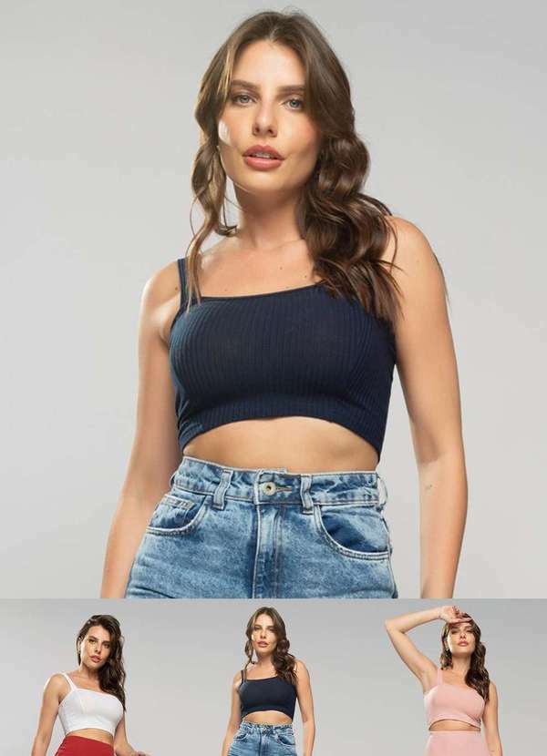 Salvatore Fashion - Kit 3 Croppeds Top Faixa Comfy Malha Canelada Fashion Branco