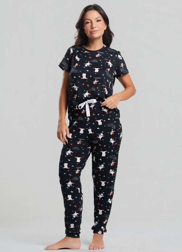 Salvatore Fashion - Pijama Calça e Blusa M/C Malha Fashion Preto