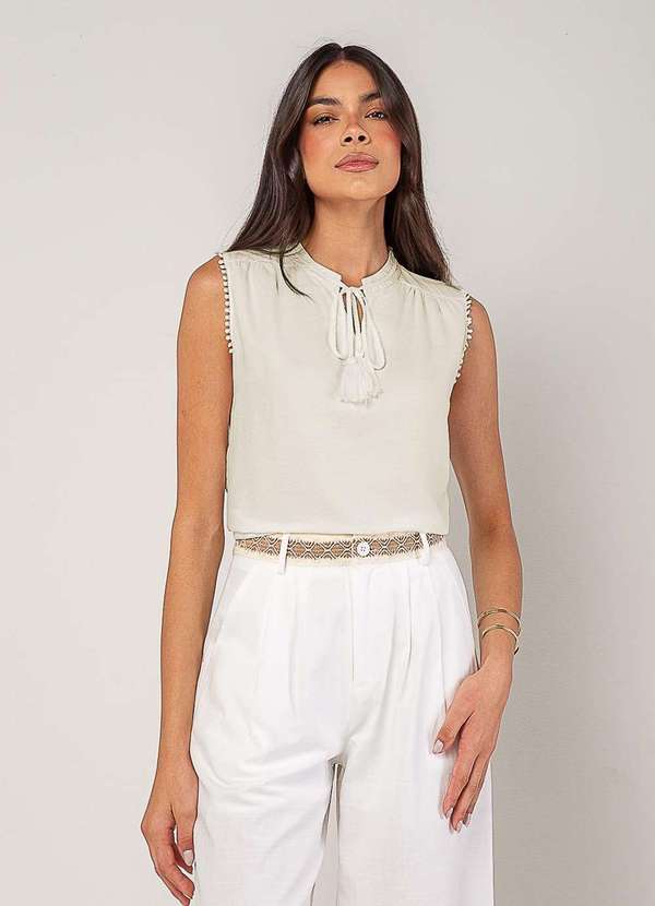 Salvatore Fashion - Regata Alfaiataria com Amarração e Detalhe de Pompons Bege 2