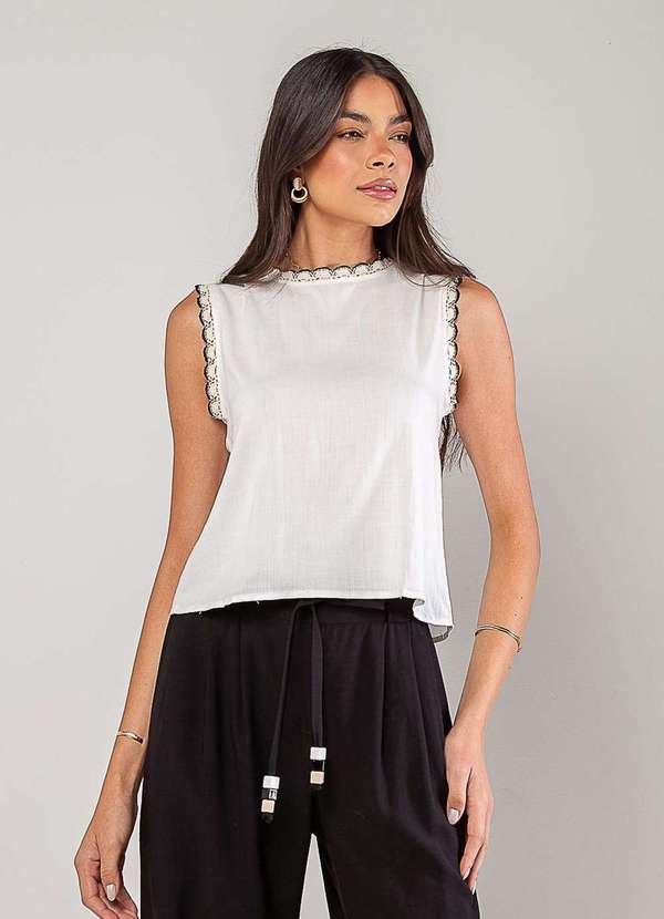 Salvatore Fashion - Regata Alfaiataria com Renda nas Cavas e Gola Branco