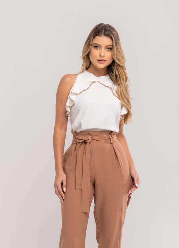 Salvatore Fashion - Regata Feminina com Babado e Gola Alta em Viscolinho Branco 4