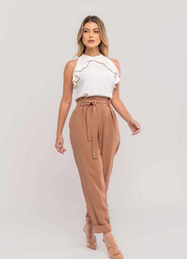 Salvatore Fashion - Regata Feminina com Babado e Gola Alta em Viscolinho Branco 3