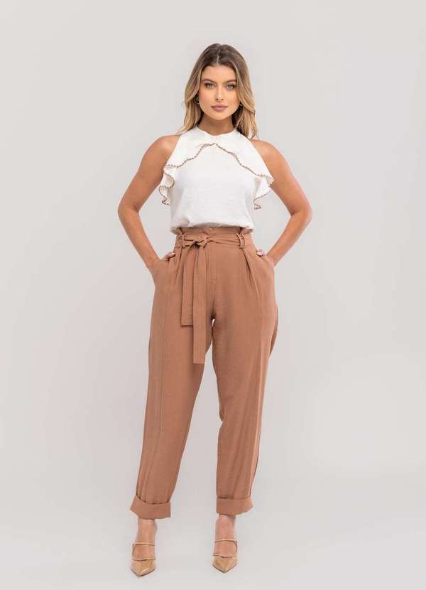 Salvatore Fashion - Regata Feminina com Babado e Gola Alta em Viscolinho Branco 2