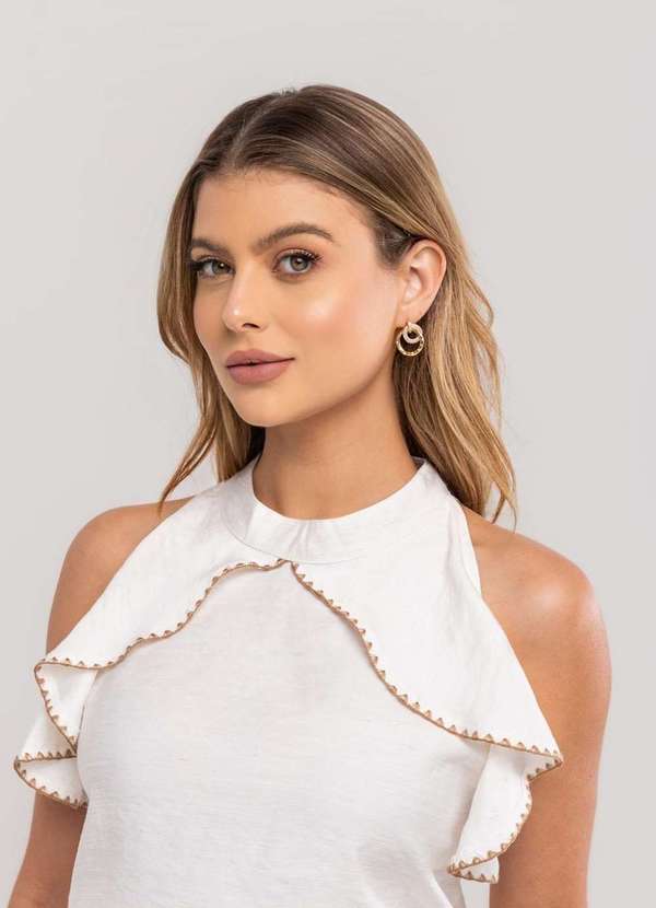 Salvatore Fashion - Regata Feminina com Babado e Gola Alta em Viscolinho Branco 5