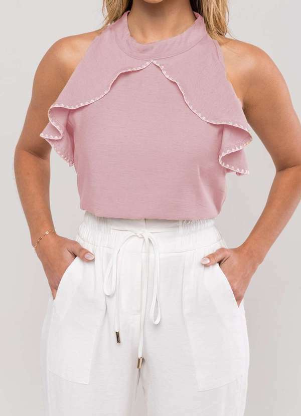 Salvatore Fashion - Regata Feminina com Babado e Gola Alta em Viscolinho Rosa