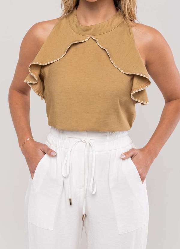 Salvatore Fashion - Regata Feminina com Babado e Gola Alta em Viscolinho Bege 4