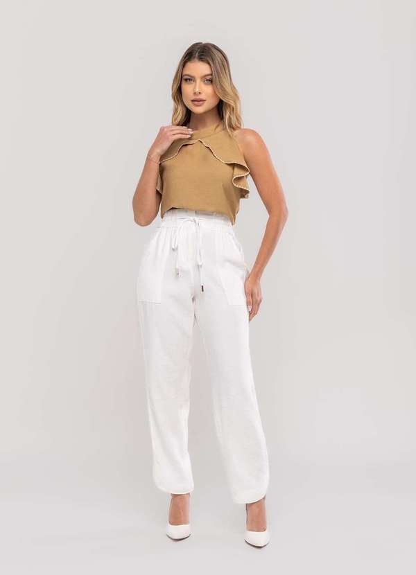 Salvatore Fashion - Regata Feminina com Babado e Gola Alta em Viscolinho Bege 6