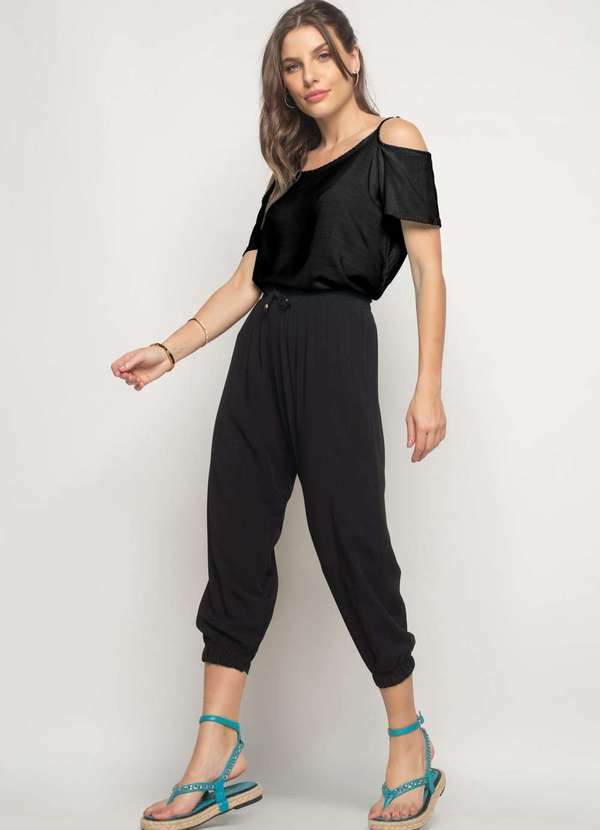 Salvatore Fashion - Regata Ombro Vazado Viscolinho Fashion Preto