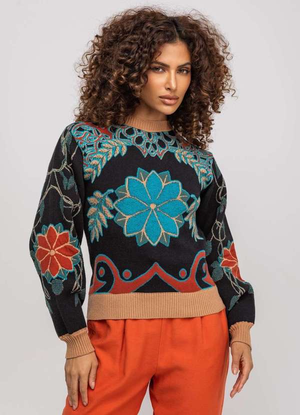 Salvatore Fashion - Tricot Jacquard Bordado Floral Colorido Preto