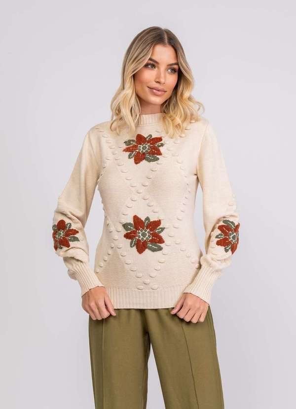 Salvatore Fashion - Tricot Jacquard Bordado Floral Bege 1