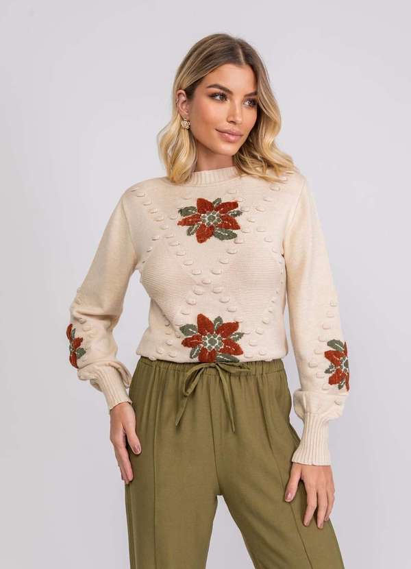 Salvatore Fashion - Tricot Jacquard Bordado Floral Bege 5