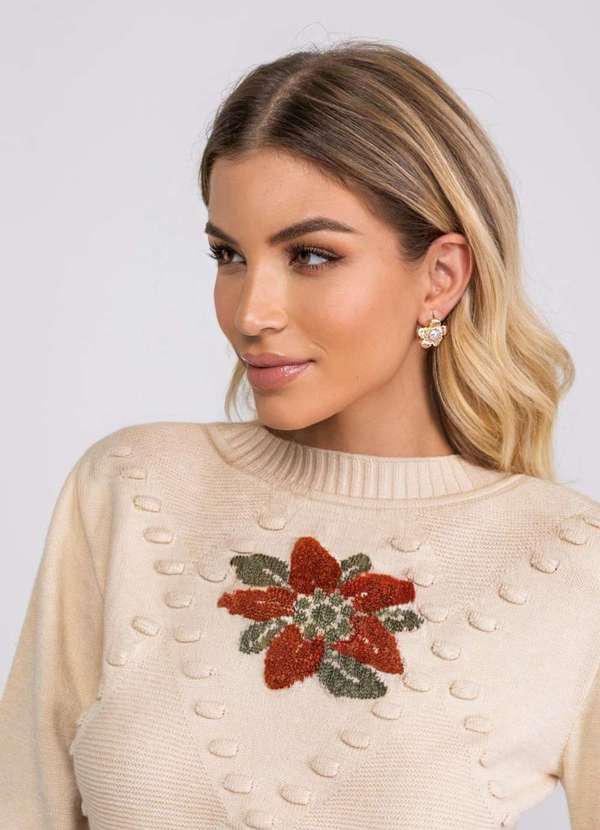 Salvatore Fashion - Tricot Jacquard Bordado Floral Bege 6