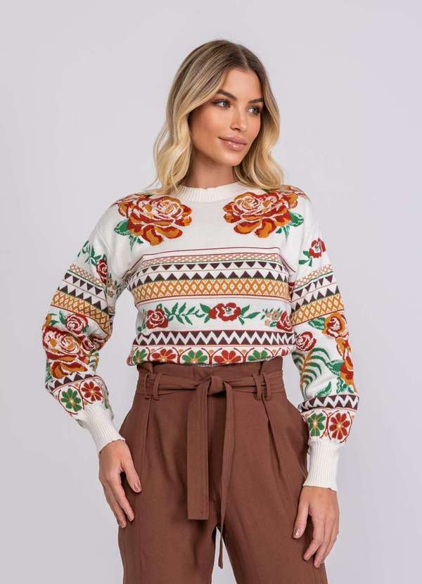 Salvatore Fashion - Tricot Jacquard Estampado Floral Geométrico Bege