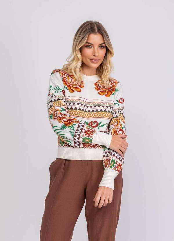 Salvatore Fashion - Tricot Jacquard Estampado Floral Geométrico Bege 4