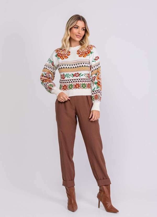 Salvatore Fashion - Tricot Jacquard Estampado Floral Geométrico Bege 5