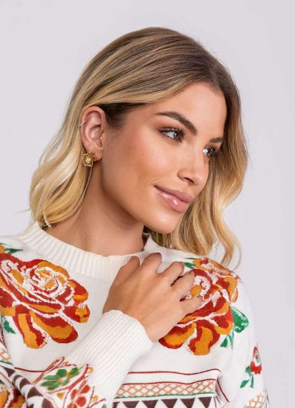 Salvatore Fashion - Tricot Jacquard Estampado Floral Geométrico Bege 6