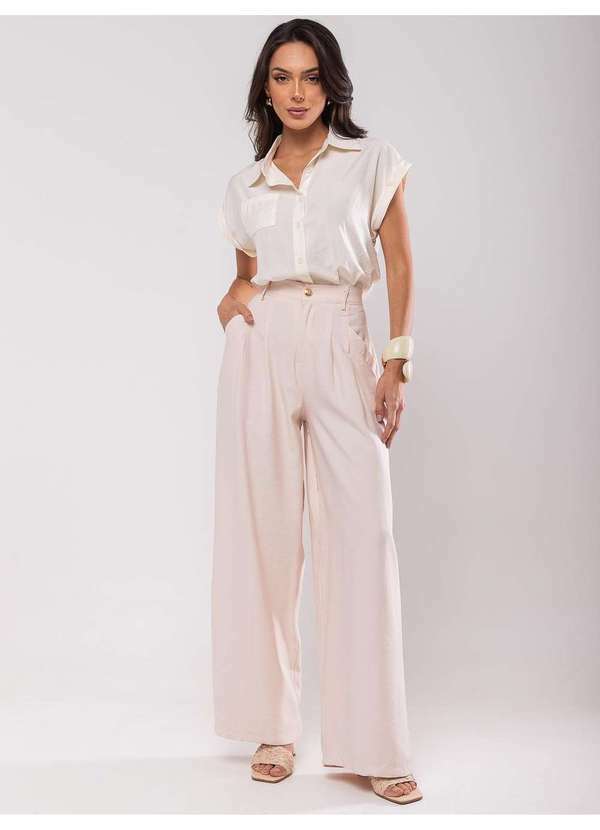 Salvatore Fashion - Calça Feminina de Alfaiataria Bolso Wide Leg Fashion Bege