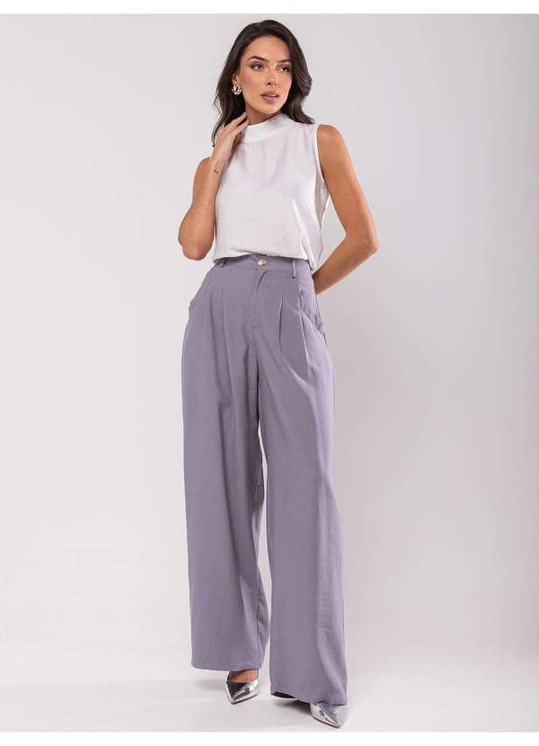 Salvatore Fashion - Calça Feminina de Alfaiataria Bolso Wide Leg Fashion Cinza
