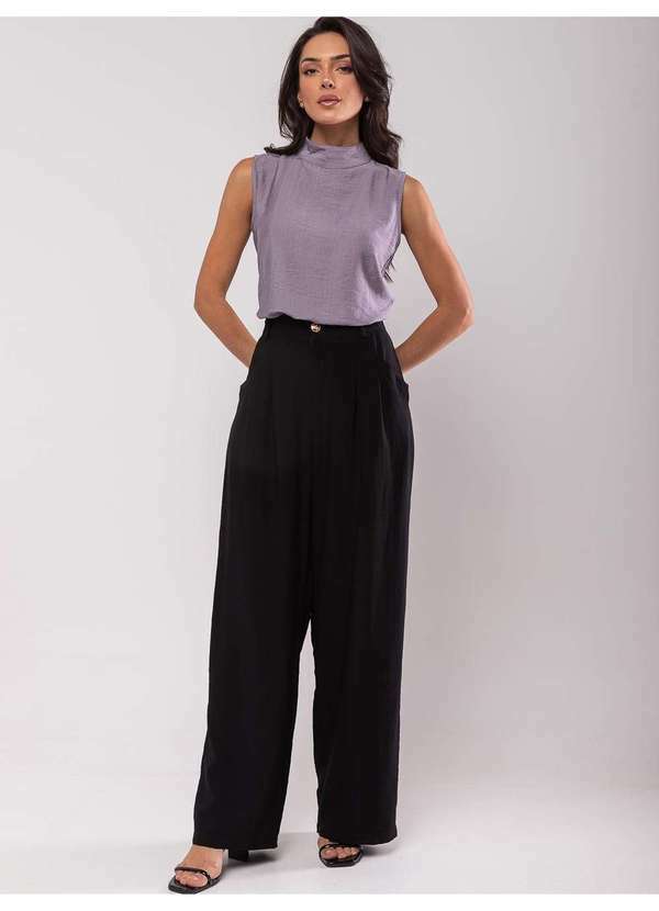 Salvatore Fashion - Calça Feminina de Alfaiataria Bolso Wide Leg Fashion Preto