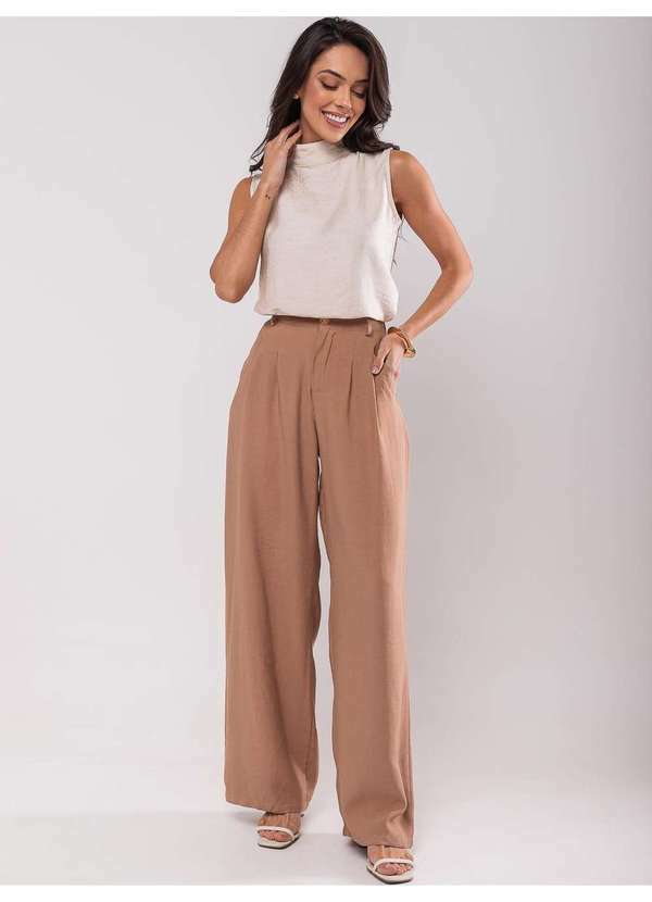 Salvatore Fashion - Calça Feminina de Alfaiataria Bolso Wide Leg Fashion Bege