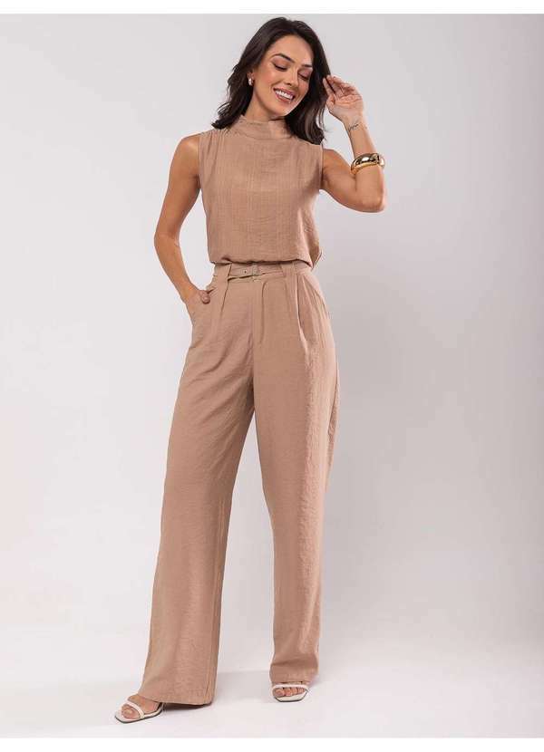 Salvatore Fashion - Calça Feminina de Alfaiataria Wide Leg Fashion Bege