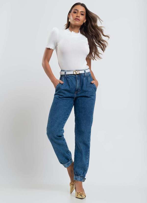 Salvatore Fashion - Calça Jeans Mom Prega  Fashion Azul 4