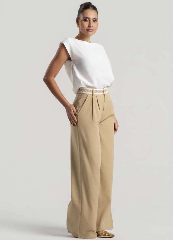 Salvatore Fashion - Calça Pantalona Alfaiataria com Cinto de Renda Bege