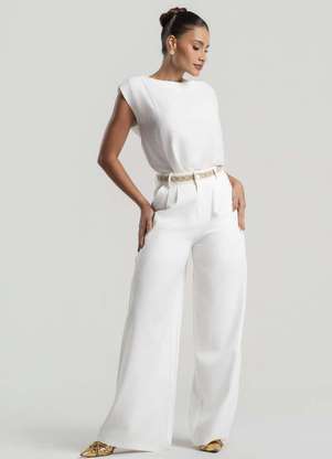 Calça Pantalona Alfaiataria com Cinto de Renda Branco Salvatore - Main Image