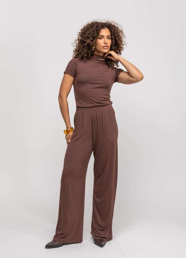 Salvatore Fashion - Calça Wide Leg com Bolso Malha  Fashion Marrom 3
