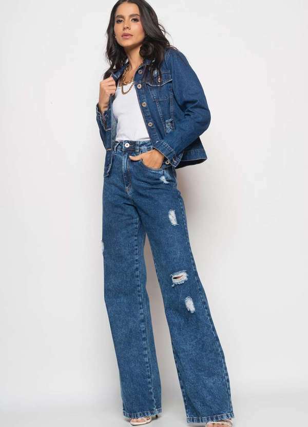 Salvatore Fashion - Calça Wide Leg Jeans Escuro com Rasgos Fashion Azul