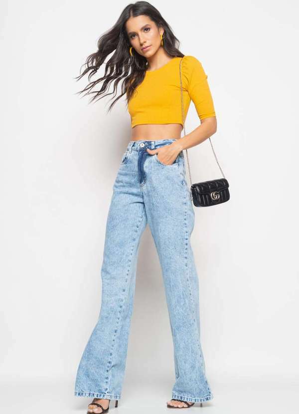 Salvatore Fashion - Calça Wide Leg Jeans Marmorizado Fashion Azul