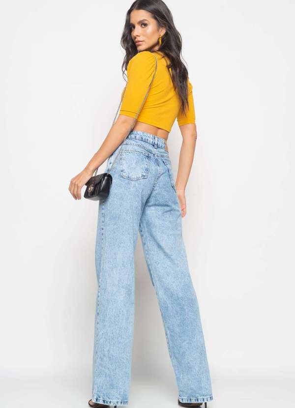 Calça Wide Leg Jeans Marmorizado Fashion Azul Salvatore Fashion