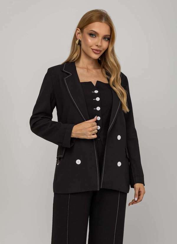 Salvatore Fashion - Blazer de Alfaiataria com Costuras Contrastantes Preto