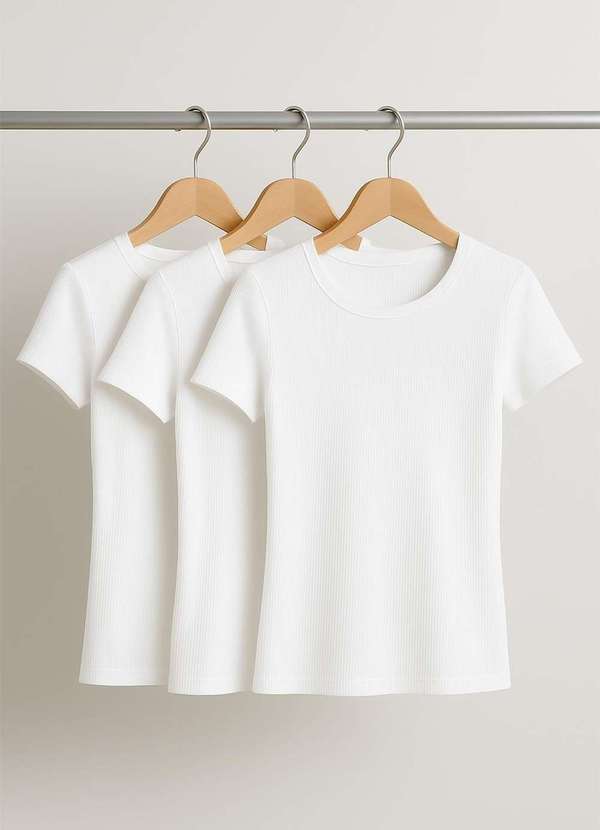 Salvatore Fashion - Kit 3 Blusas Básicas Manga Curta Canelada Branco
