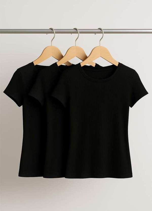 Salvatore Fashion - Kit 3 Blusas Básicas Manga Curta Canelada Preto