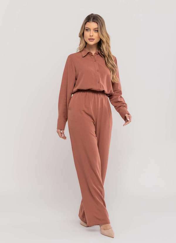 Salvatore Fashion - Conjunto de Linho com Camisa e Calça Pantalona Marrom