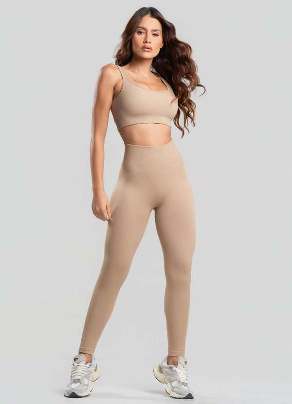 Salvatore Fashion - Conjunto Fitness Calça e Top sem Costura Bege