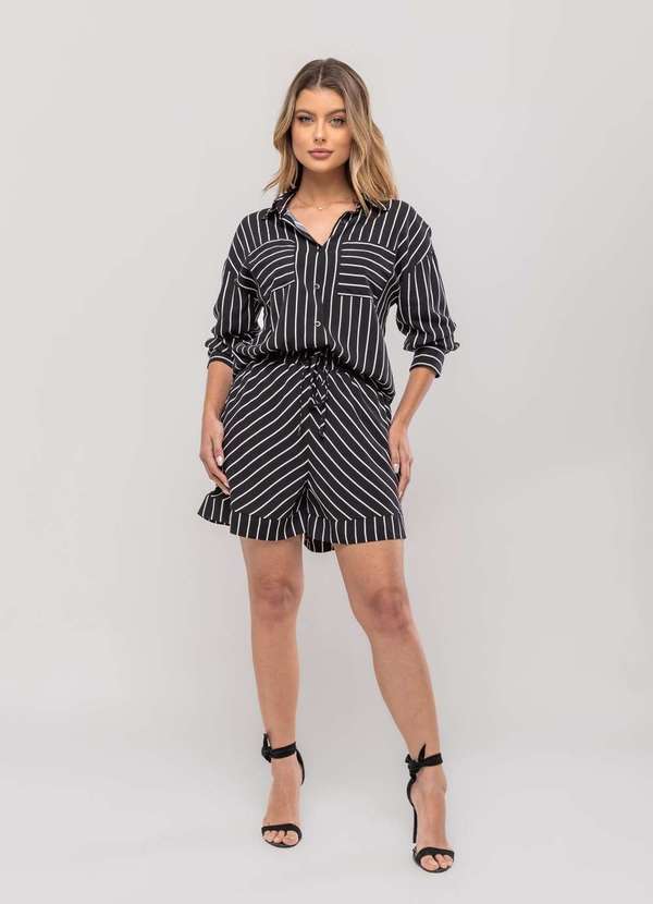 Salvatore Fashion - Conjunto Listrado com Camisa Manga Longa e Short Preto