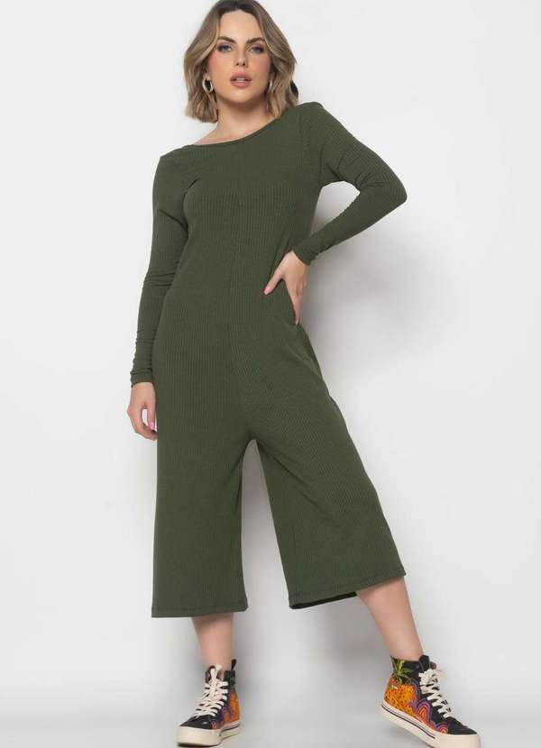 Salvatore Fashion - Macacão Manga Longa Pantacourt Canelado Fashion Verde