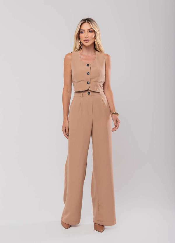 Salvatore Fashion - Conjunto Feminino Alfaiataria Colete Cropped Fashion Bege