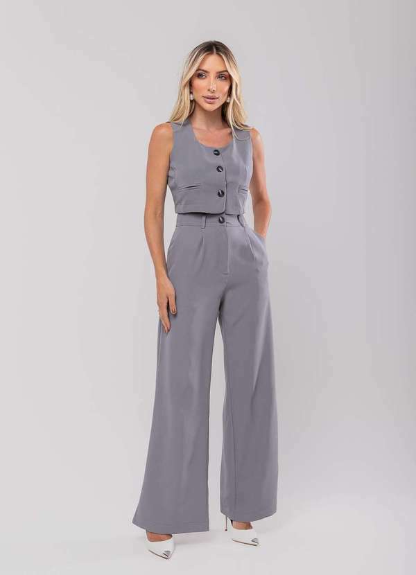 Salvatore Fashion - Conjunto Feminino Alfaiataria Colete Cropped Fashion Cinza