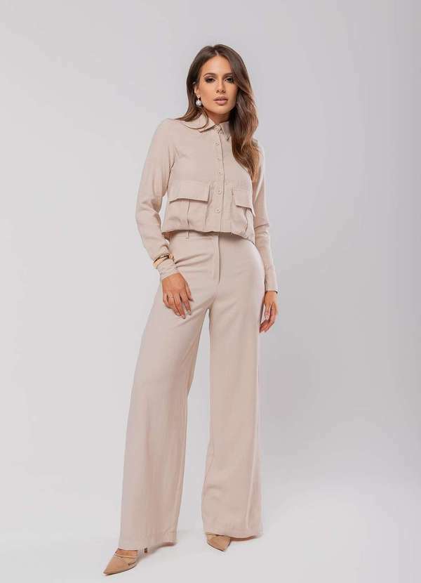 Salvatore Fashion - Conjunto Feminino Alfaiataria Cropped e Wide Leg Fashion Bege
