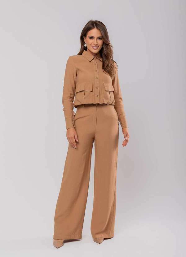 Salvatore Fashion - Conjunto Feminino Alfaiataria Cropped e Wide Leg Fashion Bege