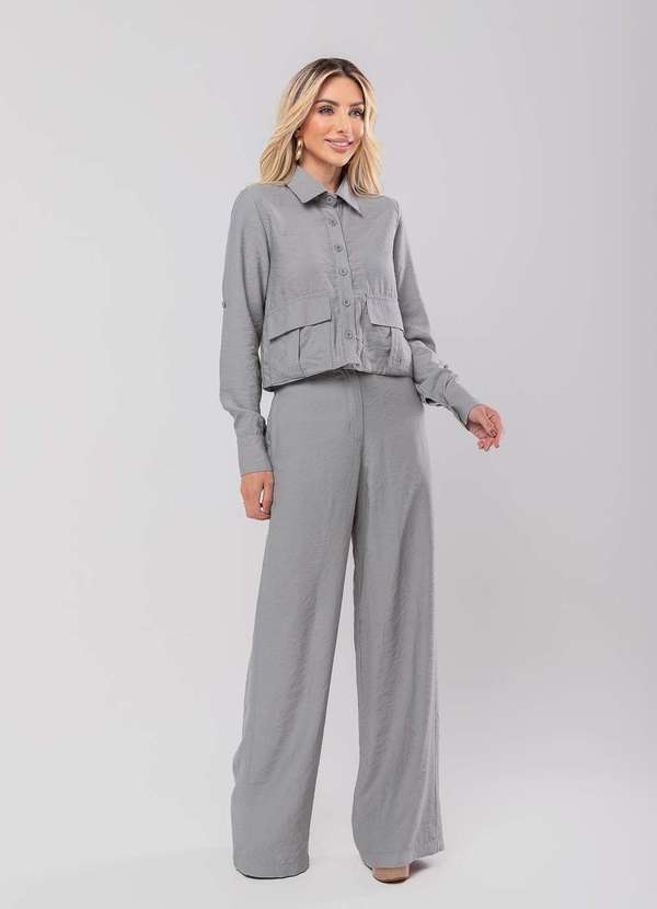 Salvatore Fashion - Conjunto Feminino Alfaiataria Cropped e Wide Leg Fashion Cinza