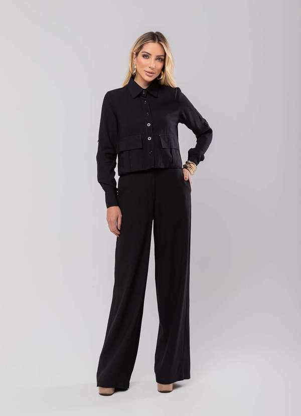 Salvatore Fashion - Conjunto Feminino Alfaiataria Cropped e Wide Leg Fashion Preto