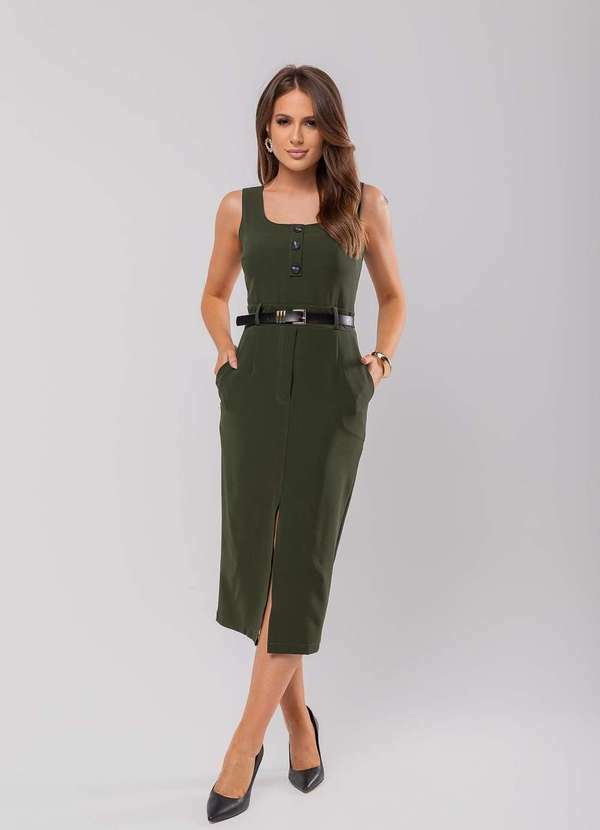 Salvatore Fashion - Vestido Midi Feminino Alfaiataria Fenda Fashion Verde
