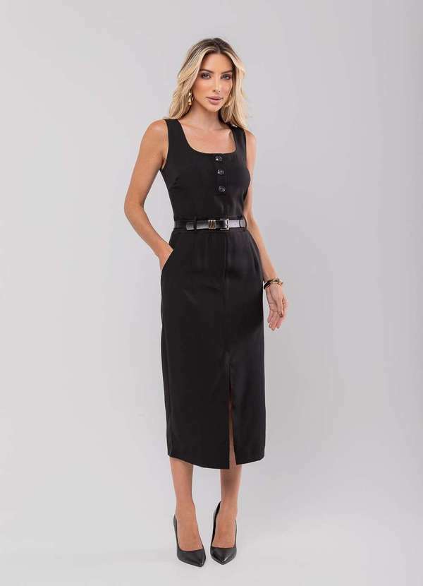 Salvatore Fashion - Vestido Midi Feminino Alfaiataria Fenda Fashion Preto